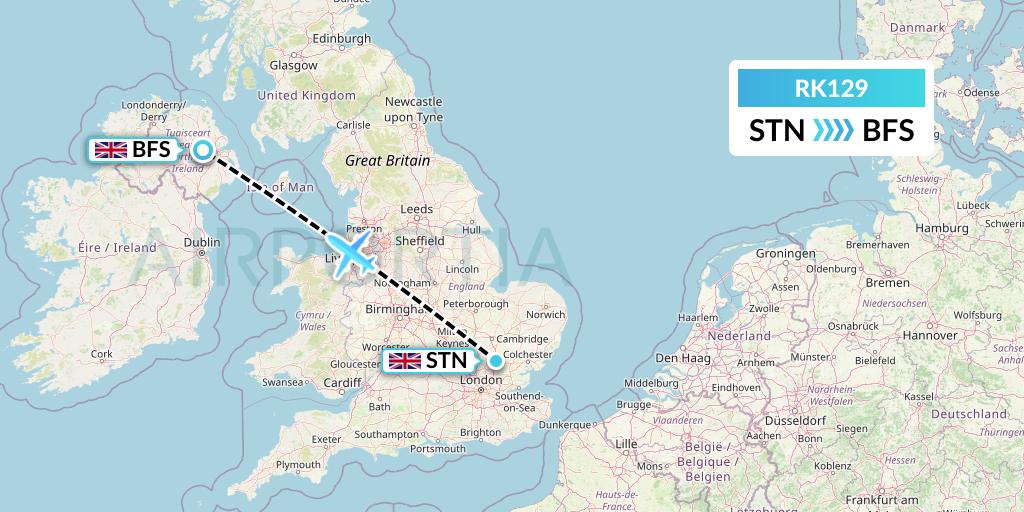 RK129 Ryanair UK Flight Map: London to Belfast