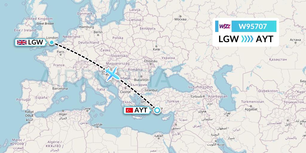 W95707 Wizz Air UK Flight Map: London to Antalya
