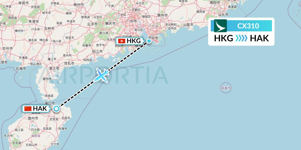 CX310 Cathay Pacific Flight Map: Hong Kong to Haikou