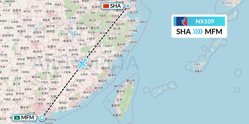 NX109 Air Macau Flight Map: Shanghai to Macau