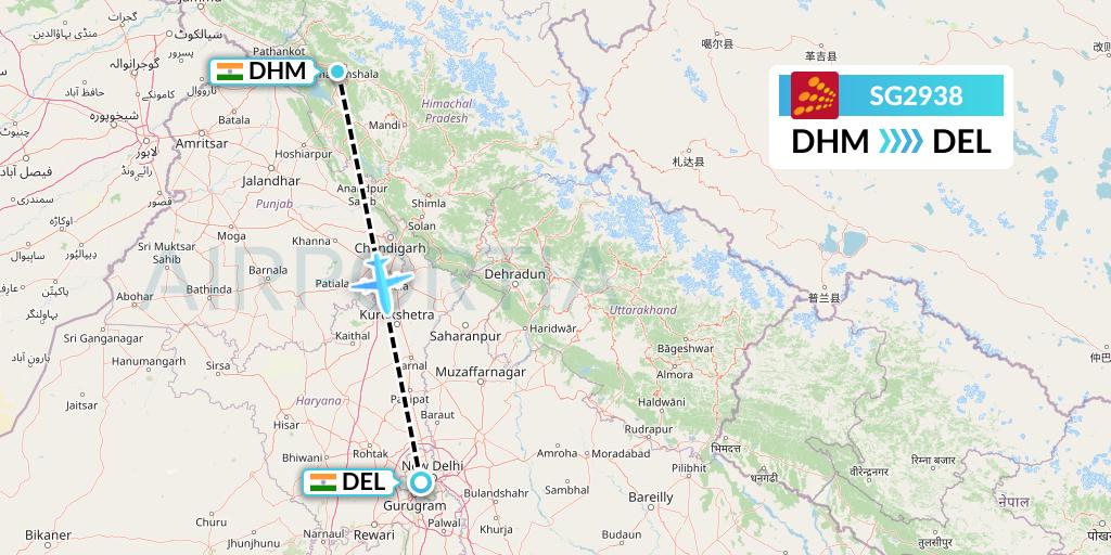 SG2938 SpiceJet Flight Map: Dharamsala to Delhi