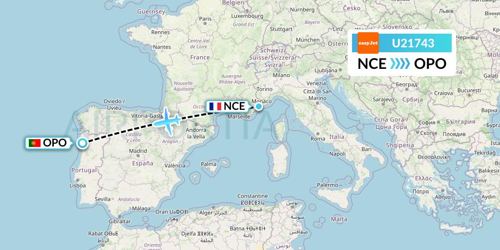 U21743 EasyJet Flight Map: Nice to Porto