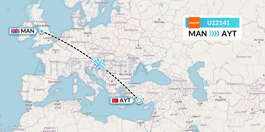 U22141 EasyJet Flight Map: Manchester to Antalya