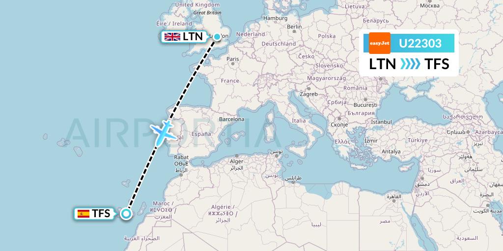U22303 EasyJet Flight Map: London to Tenerife