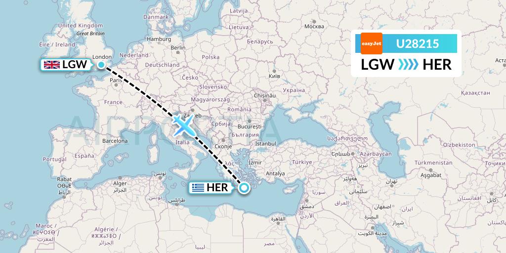 U28215 EasyJet Flight Map: London to Heraklion