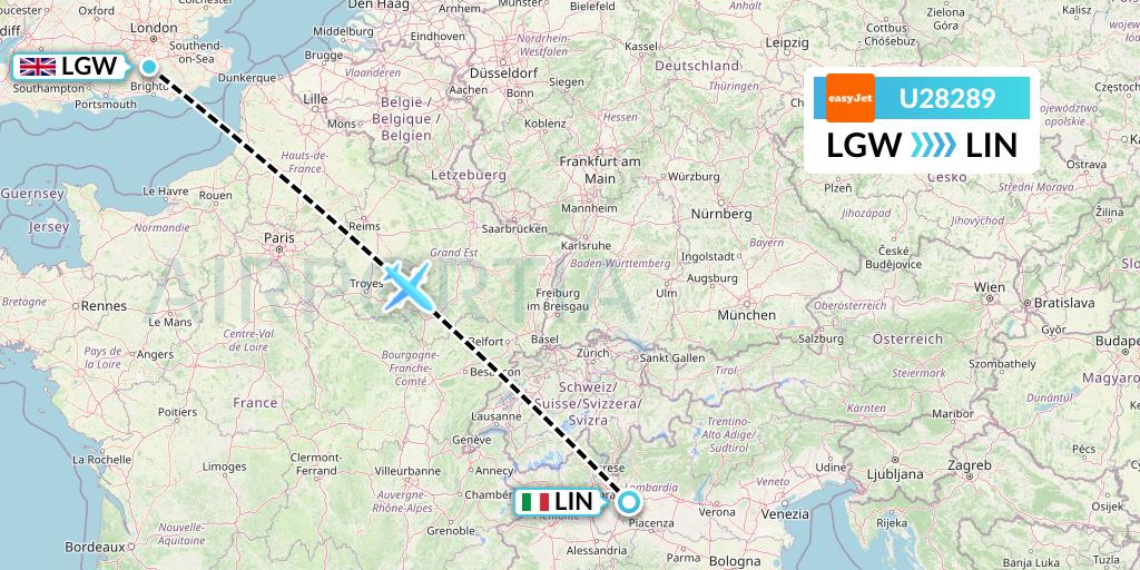 U28289 EasyJet Flight Map: London to Milan