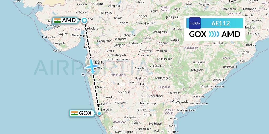 6E112 IndiGo Airlines Flight Map: Goa to Ahmedabad