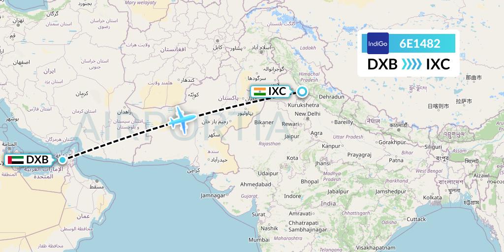 6E1482 IndiGo Airlines Flight Map: Dubai to Chandigarh