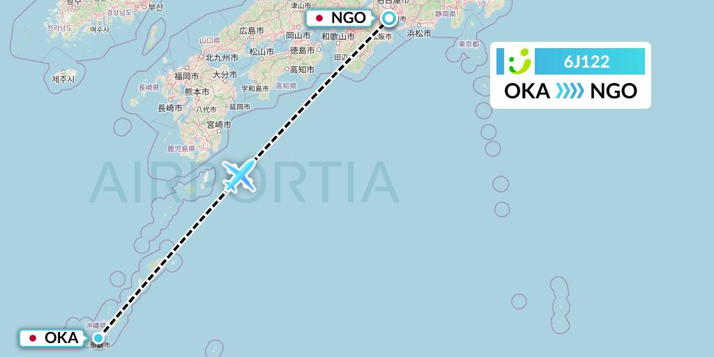 6J122 Solaseed Air Flight Map: Naha to Nagoya