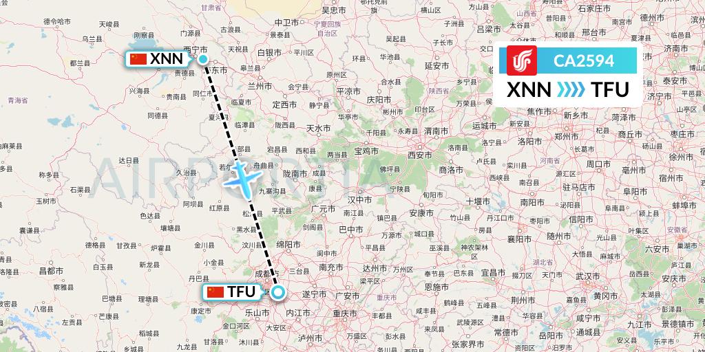 CA2594 Air China Flight Map: Xining to Chengdu
