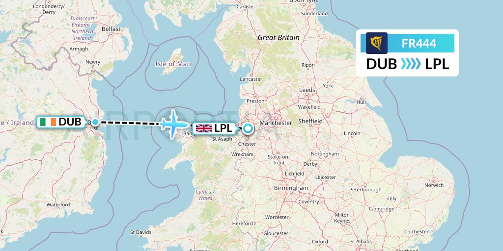 FR444 Ryanair Flight Map: Dublin to Liverpool