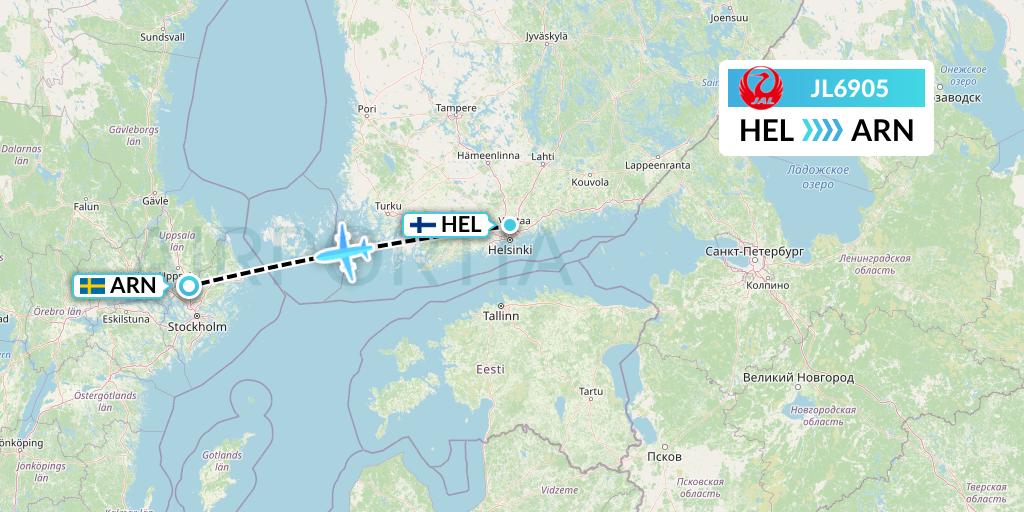 JL6905 Japan Airlines Flight Map: Helsinki to Stockholm