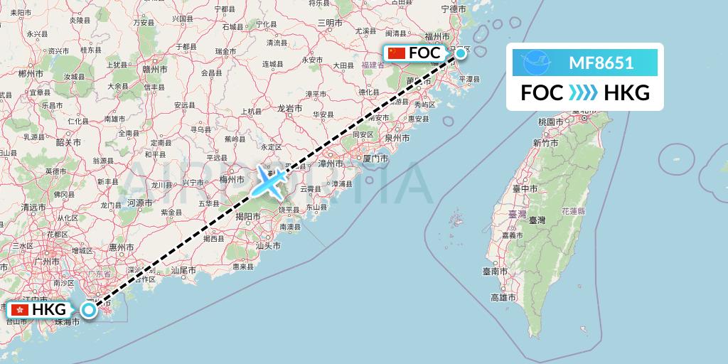 MF8651 Xiamen Airlines Flight Map: Fuzhou to Hong Kong