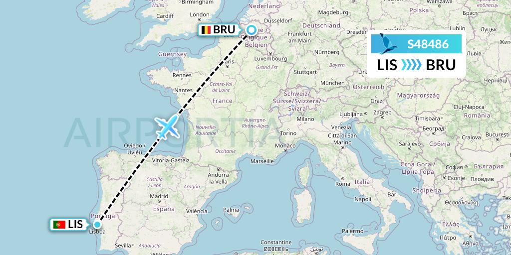 S48486 Azores Airlines Flight Map: Lisbon to Brussels