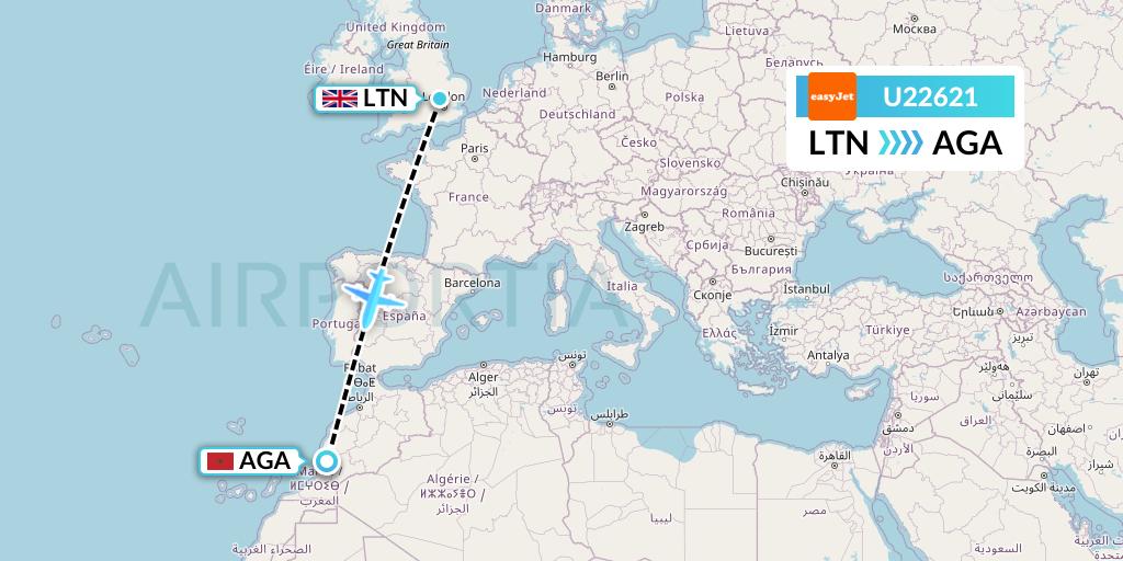 U22621 EasyJet Flight Map: London to Agadir