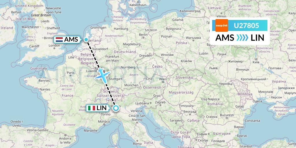 U27805 EasyJet Flight Map: Amsterdam to Milan