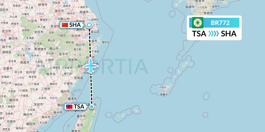 BR772 EVA Air Flight Map: Taipei to Shanghai