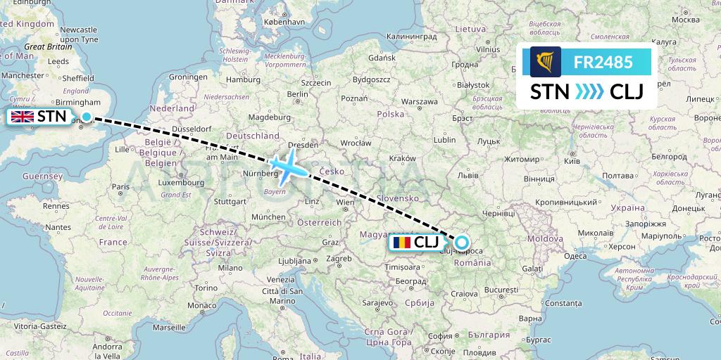 FR2485 Ryanair Flight Map: London to Cluj-Napoca