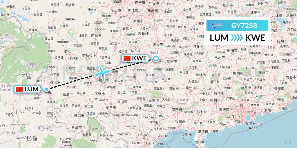 GY7258 Colorful GuiZhou Airlines Flight Map: Mangshi to Guiyang