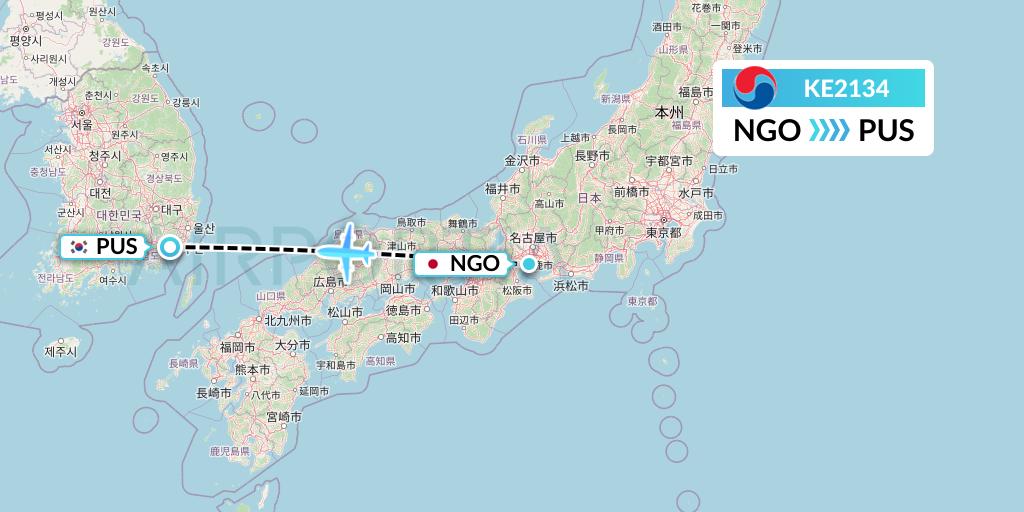 KE2134 Korean Air Flight Map: Nagoya to Busan