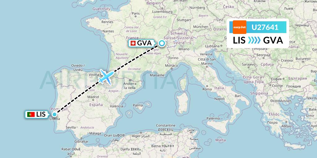 U27641 EasyJet Flight Map: Lisbon to Geneva