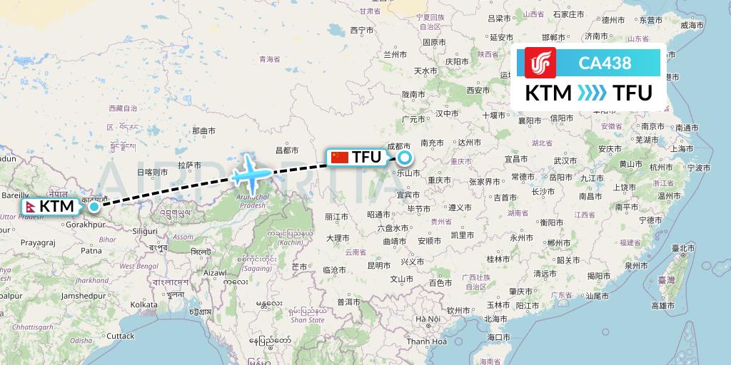 CA438 Air China Flight Map: Kathmandu to Chengdu