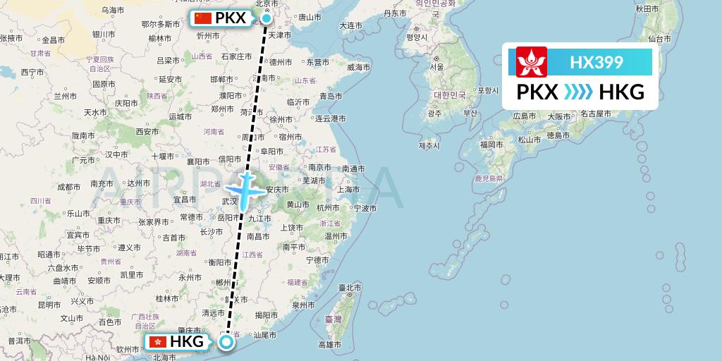 HX399 Hong Kong Airlines Flight Map: Beijing to Hong Kong