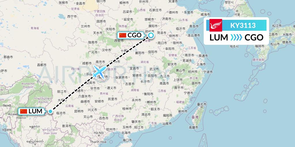 KY3113 Kunming Airlines Flight Map: Mangshi to Zhengzhou