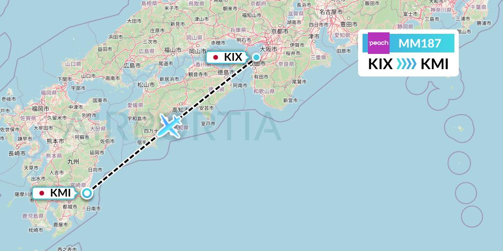 MM187 Peach Aviation Flight Map: Osaka to Miyazaki