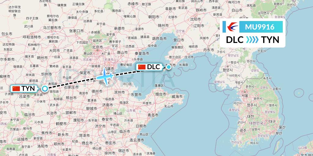 MU9916 China Eastern Airlines Flight Map: Dalian to Taiyuan