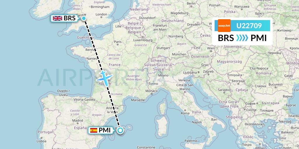 U22709 EasyJet Flight Map: Bristol to Palma de Mallorca