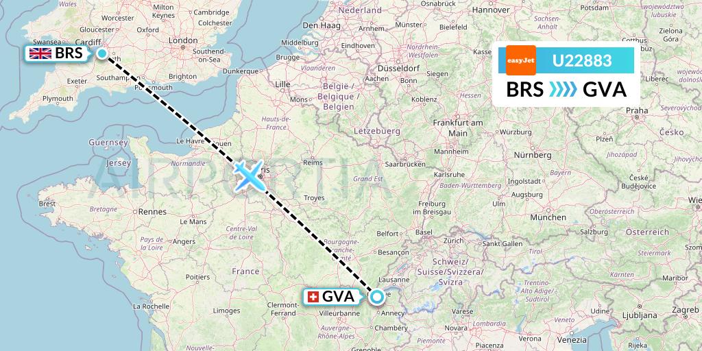 U22883 EasyJet Flight Map: Bristol to Geneva
