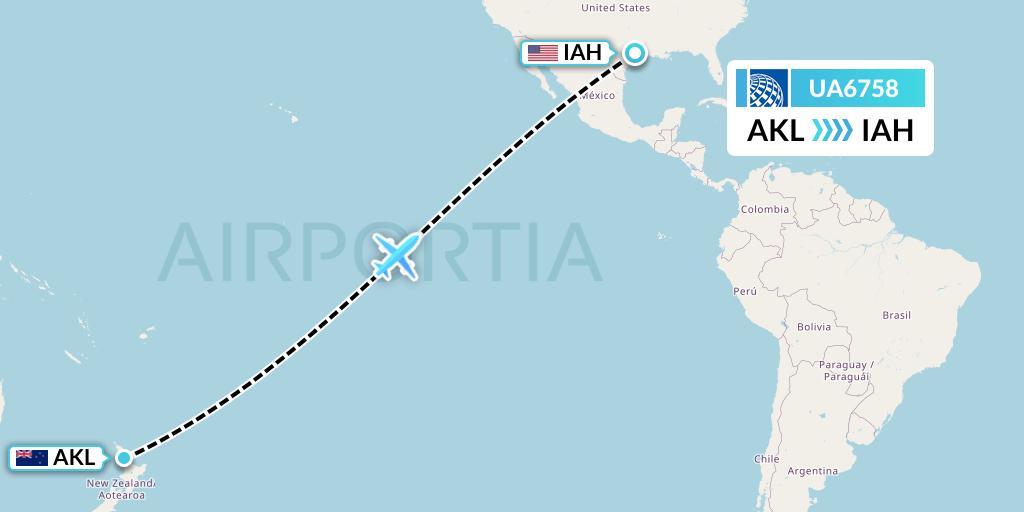 UA6758 United Airlines Flight Map: Auckland to Houston
