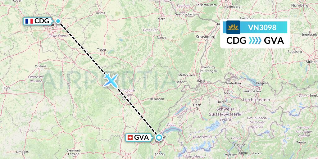 VN3098 Vietnam Airlines Flight Map: Paris to Geneva