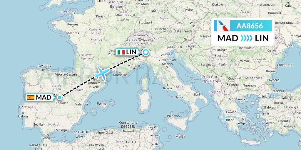 AA8656 American Airlines Flight Map: Madrid to Milan