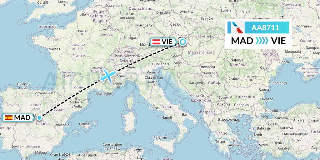 AA8711 American Airlines Flight Map: Madrid to Vienna