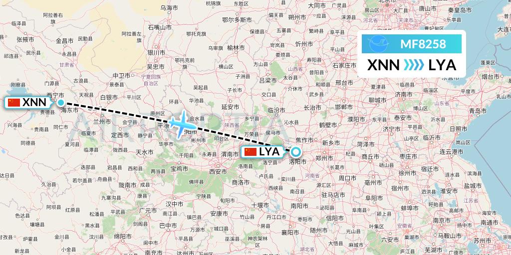 MF8258 Xiamen Airlines Flight Map: Xining to Luoyang