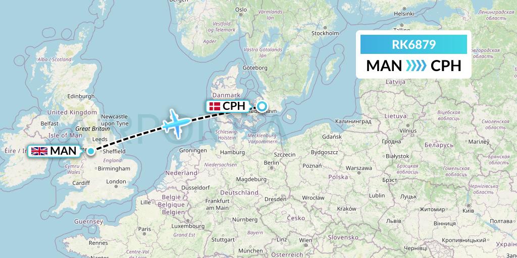 RK6879 Ryanair UK Flight Map: Manchester to Copenhagen
