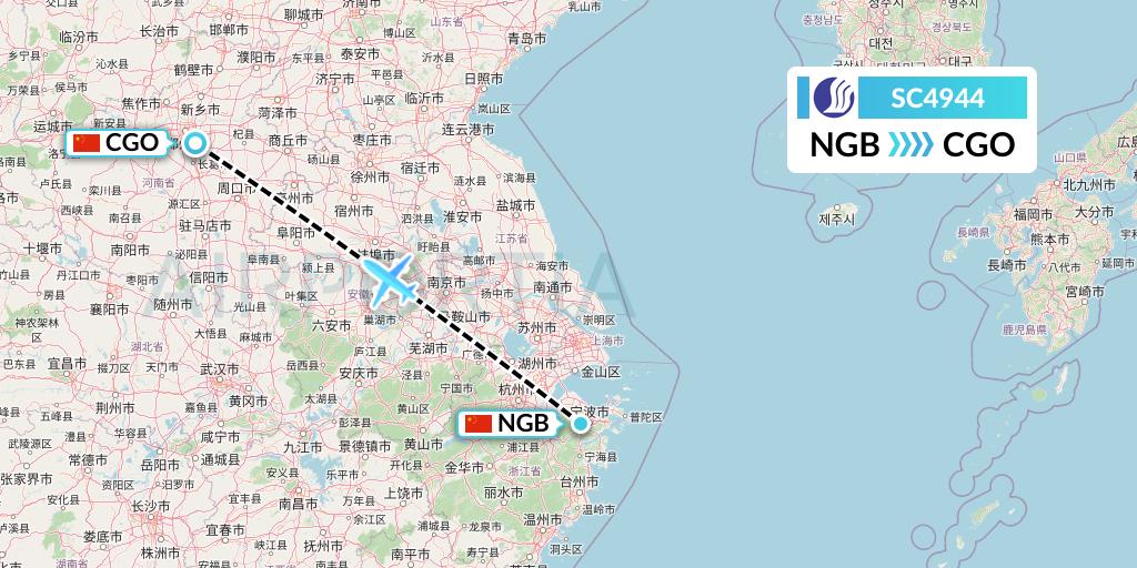 SC4944 Shandong Airlines Flight Map: Ningbo to Zhengzhou