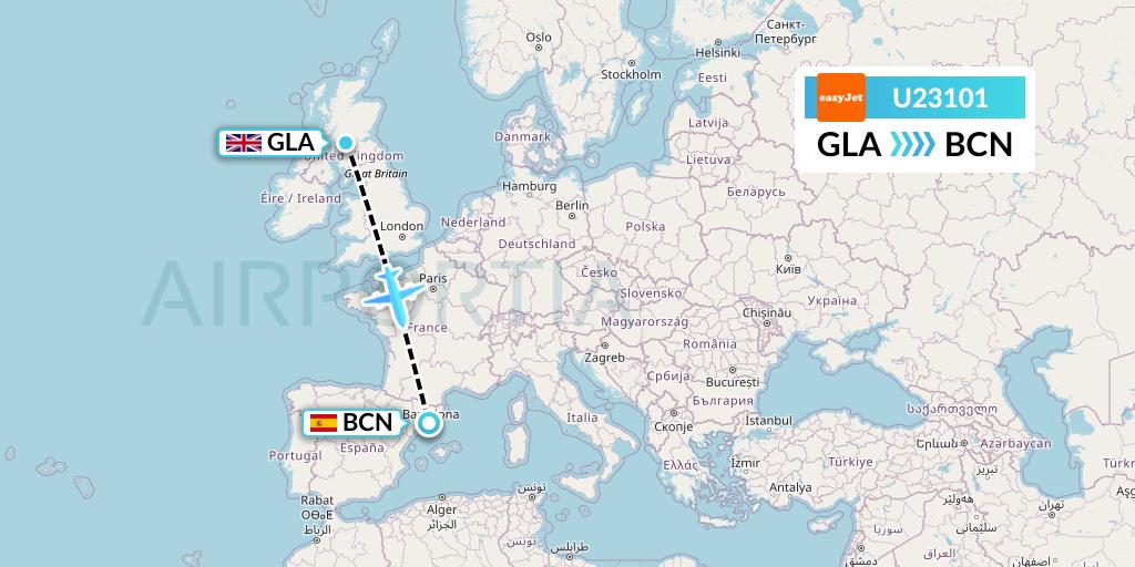U23101 EasyJet Flight Map: Glasgow to Barcelona