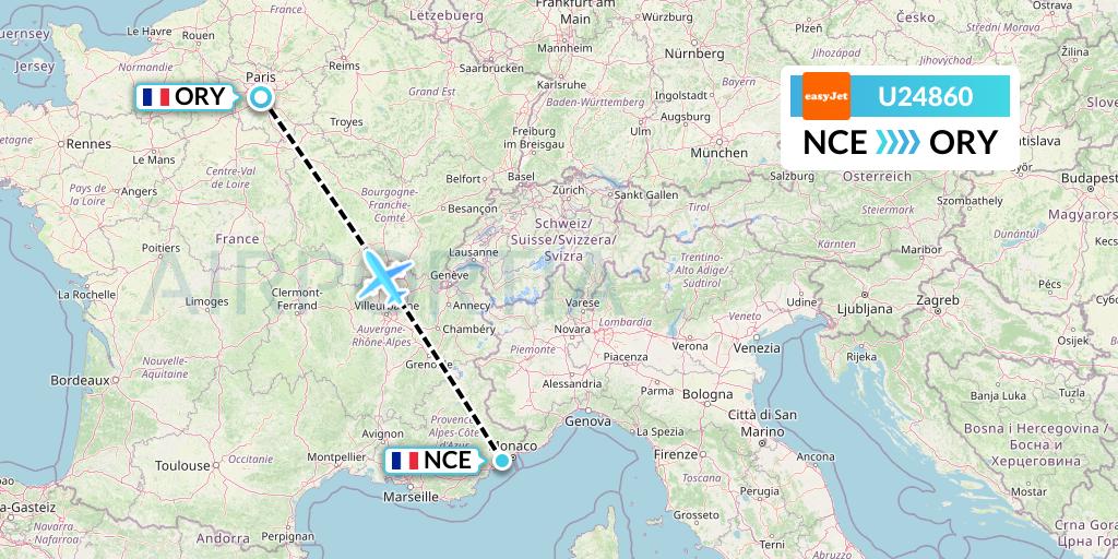 U24860 EasyJet Flight Map: Nice to Paris