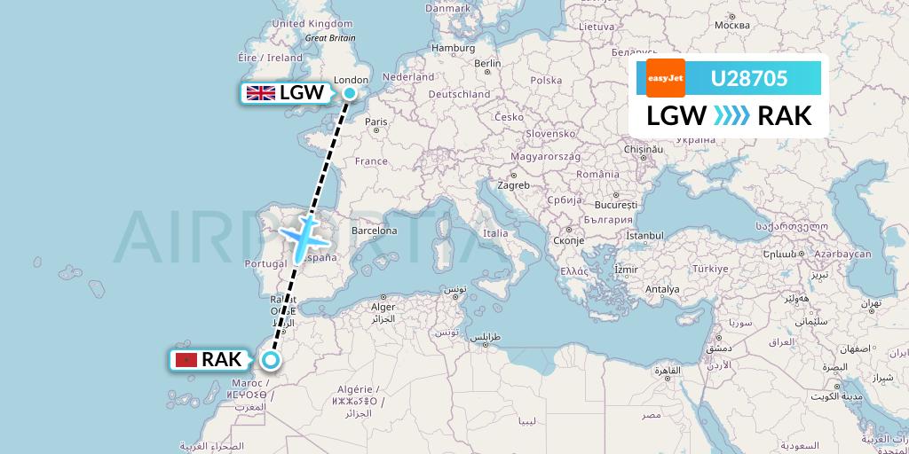 U28705 EasyJet Flight Map: London to Marrakesh