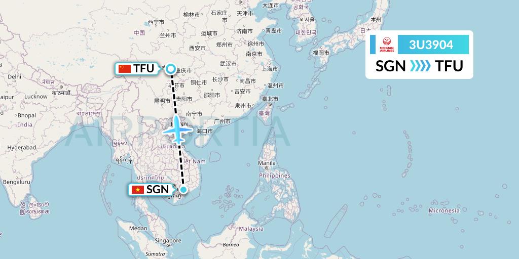 3U3904 Sichuan Airlines Flight Map: Ho Chi Minh City to Chengdu