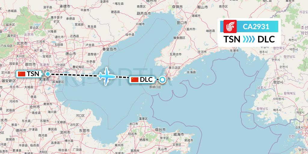 CA2931 Air China Flight Map: Tianjin to Dalian