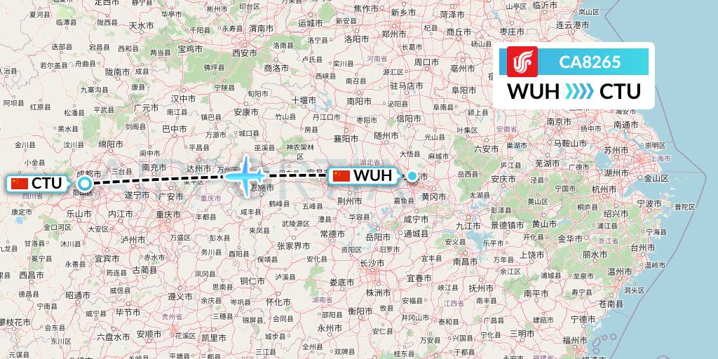 CA8265 Air China Flight Map: Wuhan to Chengdu