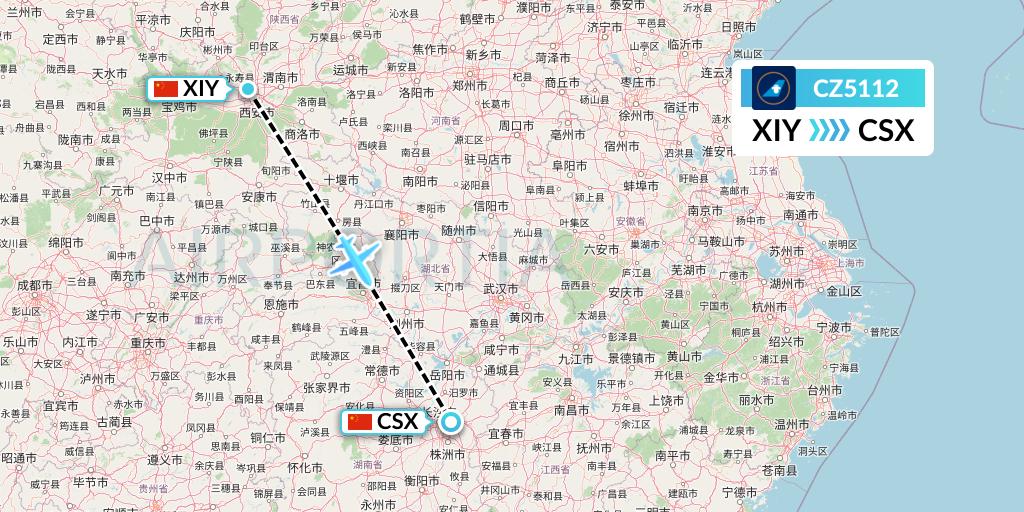 CZ5112 China Southern Airlines Flight Map: Xi'an to Changsha