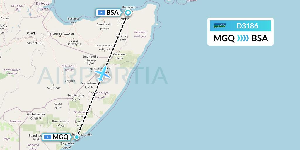 D3186 Daallo Airlines Flight Map: Mogadishu to Bosaso
