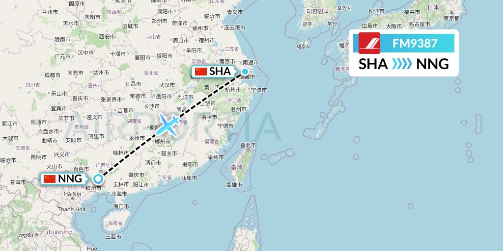 FM9387 Shanghai Airlines Flight Map: Shanghai to Nanning