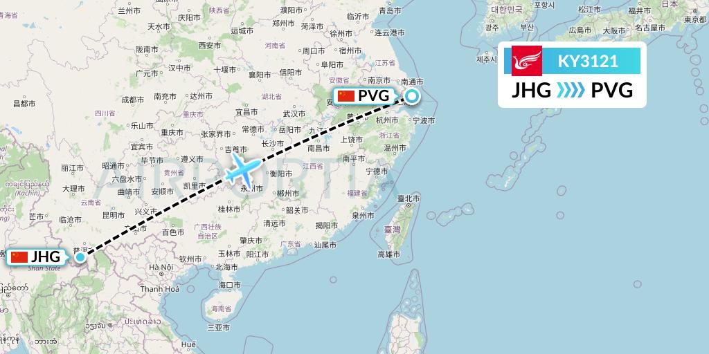 KY3121 Kunming Airlines Flight Map: Jinghong to Shanghai