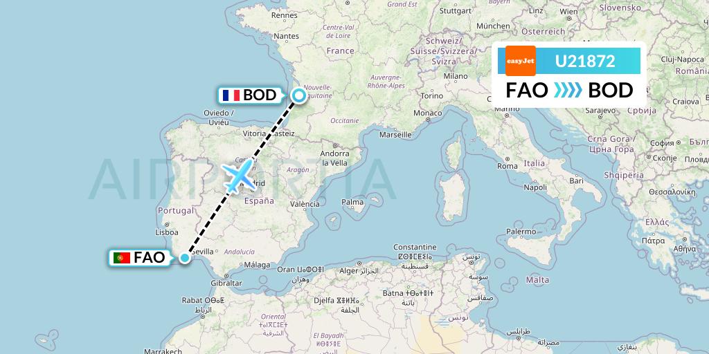 U21872 EasyJet Flight Map: Faro to Bordeaux